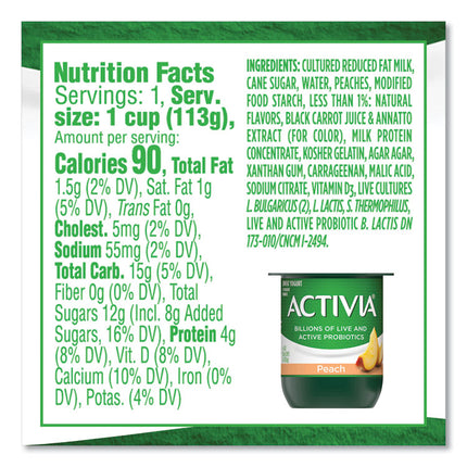 Probiotic Lowfat Yogurt, 4 oz Cups, Black Cherry/Peach/Strawberry, 24/Pack