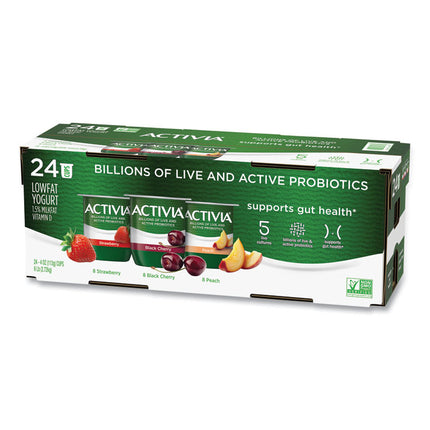 Probiotic Lowfat Yogurt, 4 oz Cups, Black Cherry/Peach/Strawberry, 24/Pack