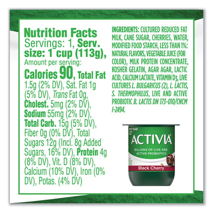 Probiotic Lowfat Yogurt, 4 oz Cups, Black Cherry/Peach/Strawberry, 24/Pack