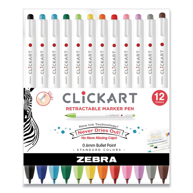 ClickArt Porous Point Pen, Retractable, Fine 0.6 mm, Assorted Ink Colors, White Barrel, 12/Pack