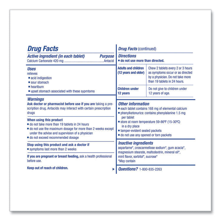Over the Counter Antacid Medications for First Aid Cabinet, 2 Tablets/Packet, 125 Packets/Box
