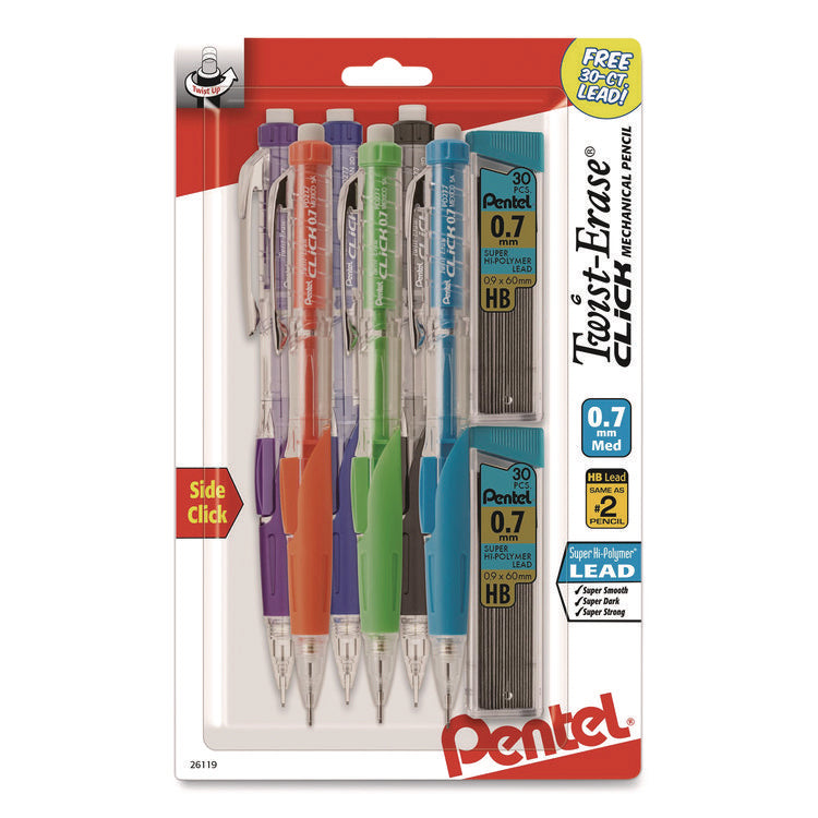 Twist-Erase CLICK Mechanical Pencil, 0.7 mm, HB (#2), Black Lead, Assorted Barrel Colors, 6/Pack