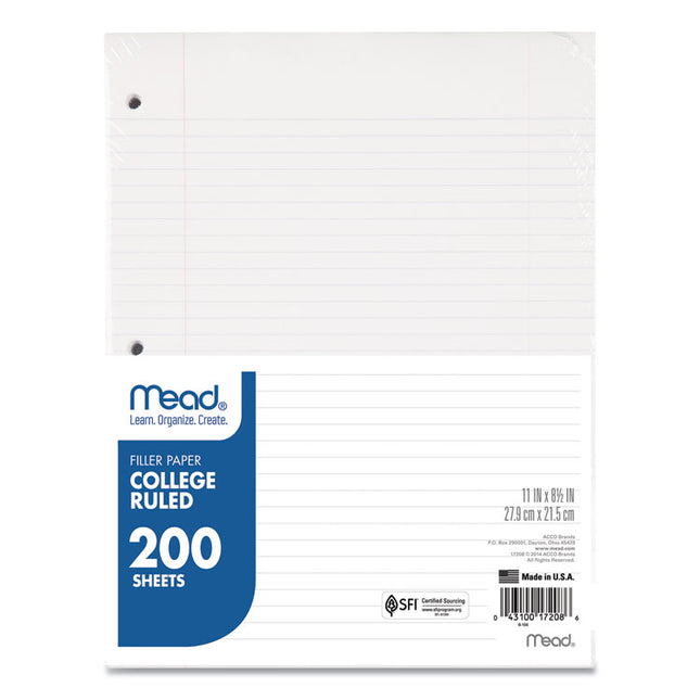 Filler Paper, 3-Hole, 8.5 X 11, College Rule, 200/pack