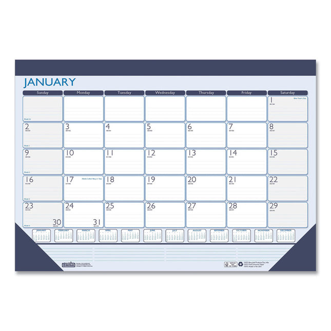 Recycled Contempo Desk Pad Calendar, 22 x 17, White/Blue Sheets, Blue Binding, Blue Corners, 12-Month (Jan to Dec): 2025