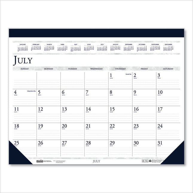 Recycled Academic Desk Pad Calendar, 22 x 17, White/Blue Sheets, Blue Binding/Corners, 14-Month (July to Aug): 2024 to 2025