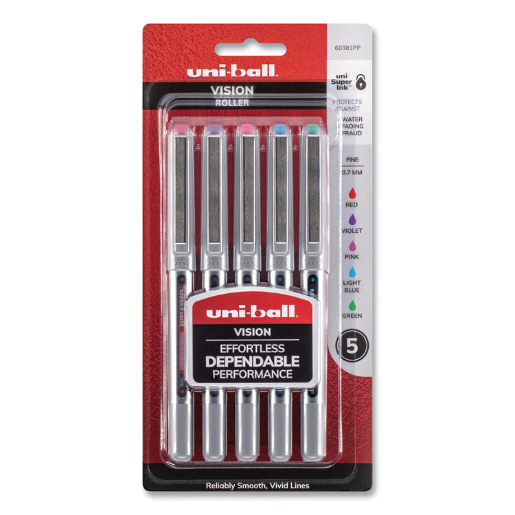 VISION Rollerball Pen, Stick, Fine 0.7 mm, Assorted Ink and Barrel Colors, 5/Pack