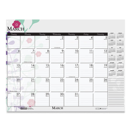 Recycled Desk Pad Calendar, Wild Flowers Artwork, 18.5 x 13, White Sheets, Black Binding/Corners,12-Month (Jan-Dec): 2025