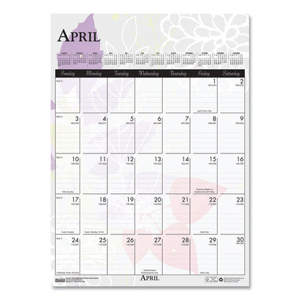 Recycled Wild Flower Wall Calendar, Wild Flowers Artwork, 12 x 16.5, White/Multicolor Sheets, 12-Month (Jan to Dec): 2025