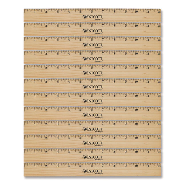 Beveled Wood Ruler, Standard, 12" Long, Natural Hardwood, 12/pack