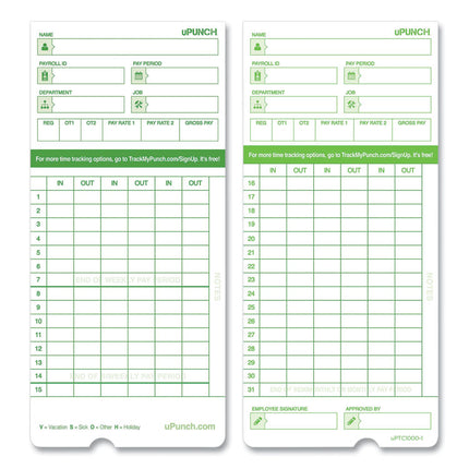 Time Clock Cards For Upunch Hn3000, Two Sides, 7.37 X 3.37, 50/pack