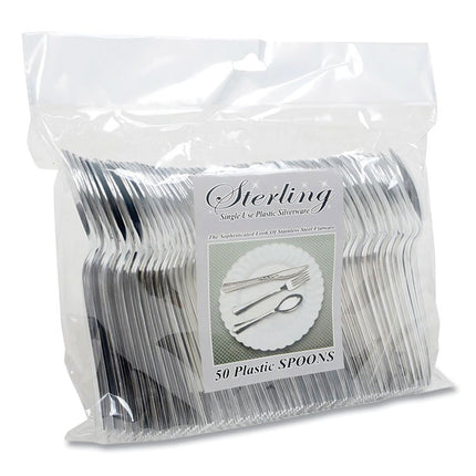 Sterling Heavy-Duty Plastic Cutlery, Spoon, Silver, 50/Pack