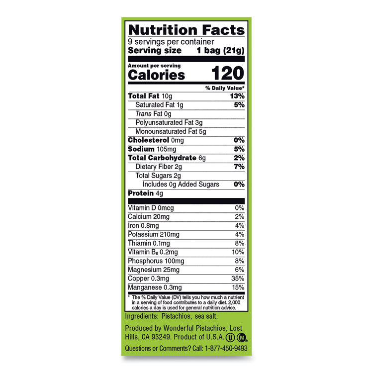 Wonderful No Shells Pistachios, Roasted And Salted, 0.75 Oz Bag, 9 Bags/box, 4 Boxes/carton