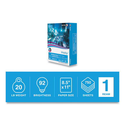 Vitality Multipurpose Print Paper, 92 Bright, 20 lb Bond Weight, 8.5 x 11, White, 750 Sheets/Ream