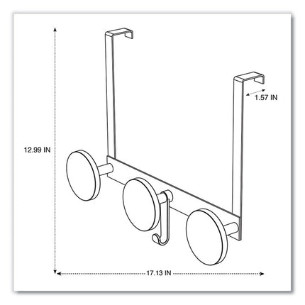 Over the Door Coat Hook, Metal and Plastic, 3 Pegs, Black, 20 lb Capacity