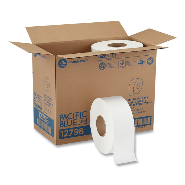 Jumbo Jr. Bathroom Tissue Roll, Septic Safe, 2-Ply, White, 3.5" x 1,000 ft, 8 Rolls/Carton