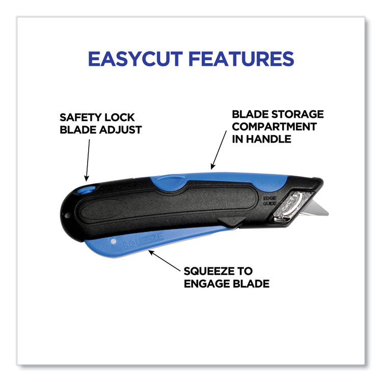 Easycut Cutter Knife w/Self-Retracting Safety-Tipped Blade, 6" Plastic Handle, Black/Blue
