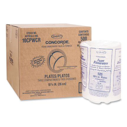 Concorde Foam Plate, 3-Compartment Plate, 10.25" dia, White, 125/Pack, 4 Packs/Carton
