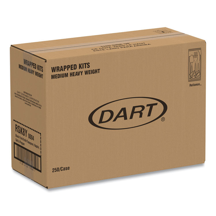 Reliance Mediumweight Cutlery Kit, Fork/Knife/Napkin/Pepper/Salt/Spoon, Plastic, Black, 250/Carton