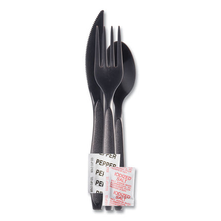 Reliance Mediumweight Cutlery Kit, Fork/Knife/Napkin/Pepper/Salt/Spoon, Plastic, Black, 250/Carton