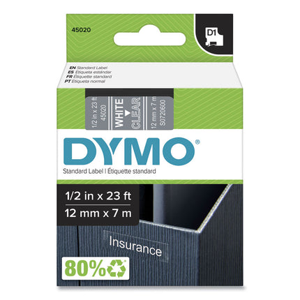 D1 High-Performance Polyester Removable Label Tape, 0.5" X 23 Ft, White On Clear