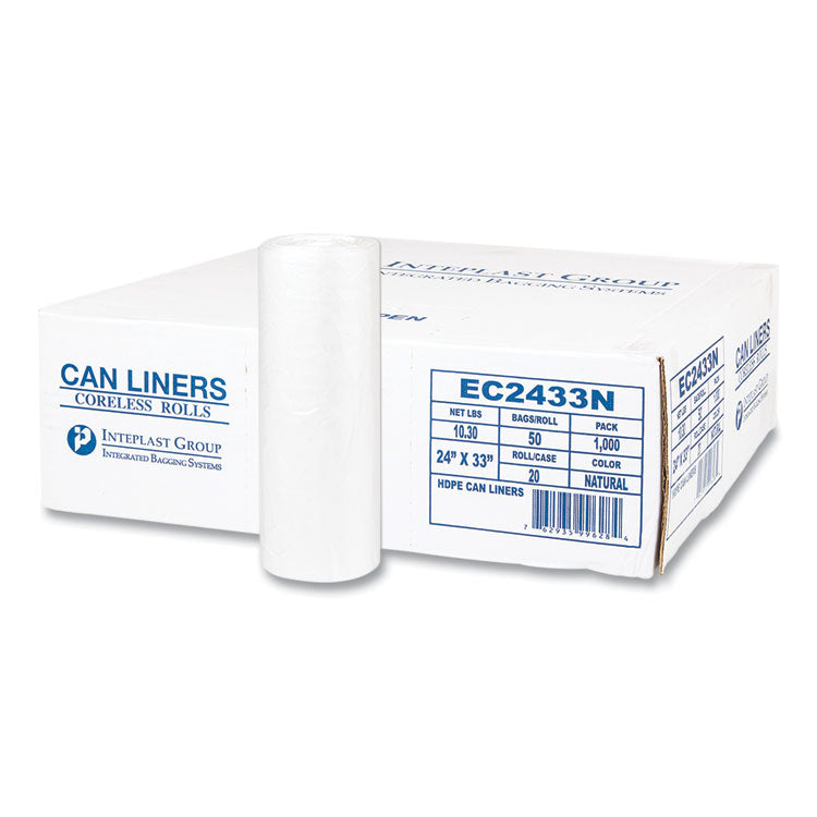 High-Density Commercial Can Liners, 16 gal, 5 mic, 24" x 33", Natural, Perforated Roll, 50 Bags/Roll, 20 Rolls/Carton