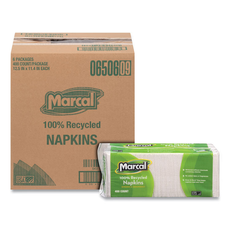 100% Recycled Lunch Napkins, 1-Ply, 11.4 X 12.5, White, 400/pack