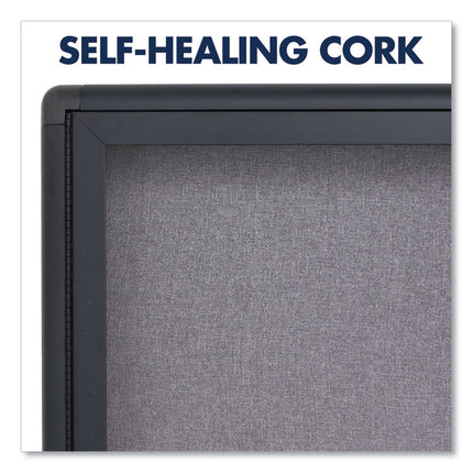 Enclosed Indoor Fabric Bulletin Board with Two Hinged Doors, 48" x 36", Gray Surface, Graphite Gray Aluminum Frame
