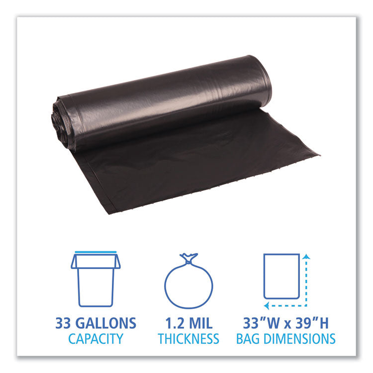 Recycled Low-Density Polyethylene Can Liners, 33 gal, 1.2 mil, 33" x 39", Black, Perforated, 10 Bags/Roll, 10 Rolls/Carton
