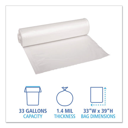 Recycled Low-Density Polyethylene Can Liners, 33 gal, 1.4 mil, 33" x 39", Clear, Perforated, 10 Bags/Roll, 10 Rolls/Carton