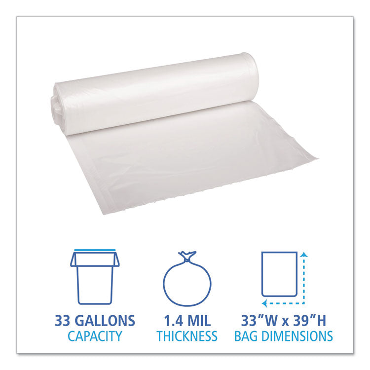 Recycled Low-Density Polyethylene Can Liners, 33 gal, 1.4 mil, 33" x 39", Clear, Perforated, 10 Bags/Roll, 10 Rolls/Carton