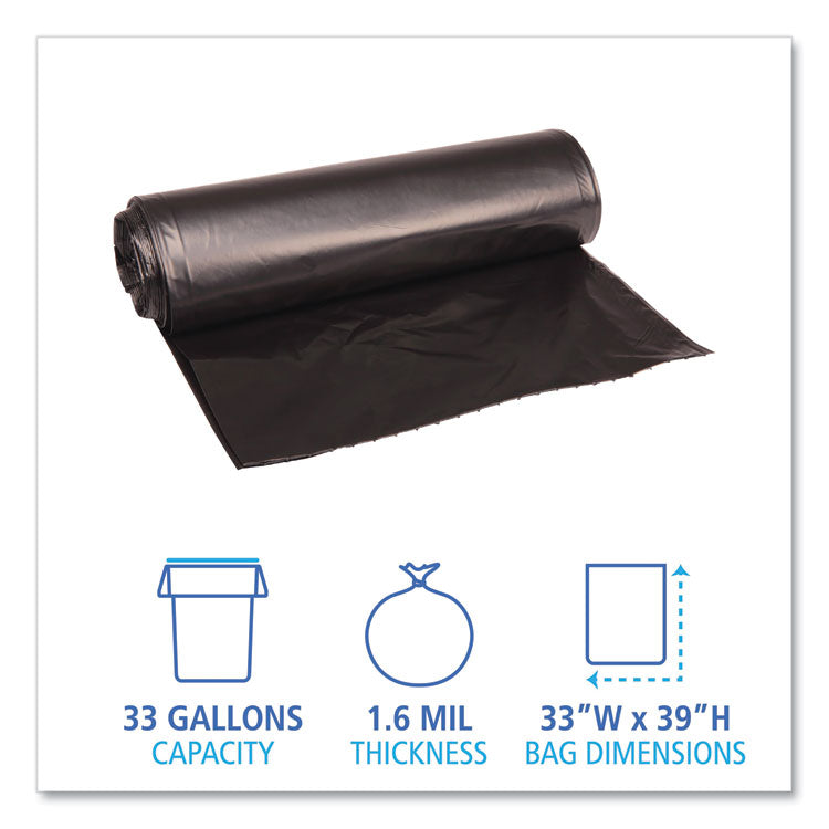 Recycled Low-Density Polyethylene Can Liners, 33 gal, 1.6 mil, 33" x 39", Black, Perforated, 10 Bags/Roll, 10 Rolls/Carton