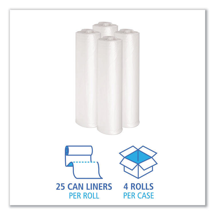 Recycled Low-Density Polyethylene Can Liners, 33 gal, 1.4 mil, 33" x 39", Clear, Perforated, 10 Bags/Roll, 10 Rolls/Carton