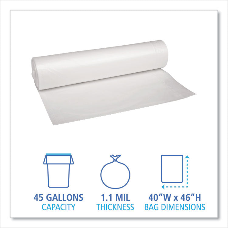 Recycled Low-Density Polyethylene Can Liners, 45 gal, 1.1 mil, 40" x 46", Clear, Perforated, 10 Bags/Roll, 10 Rolls/Carton