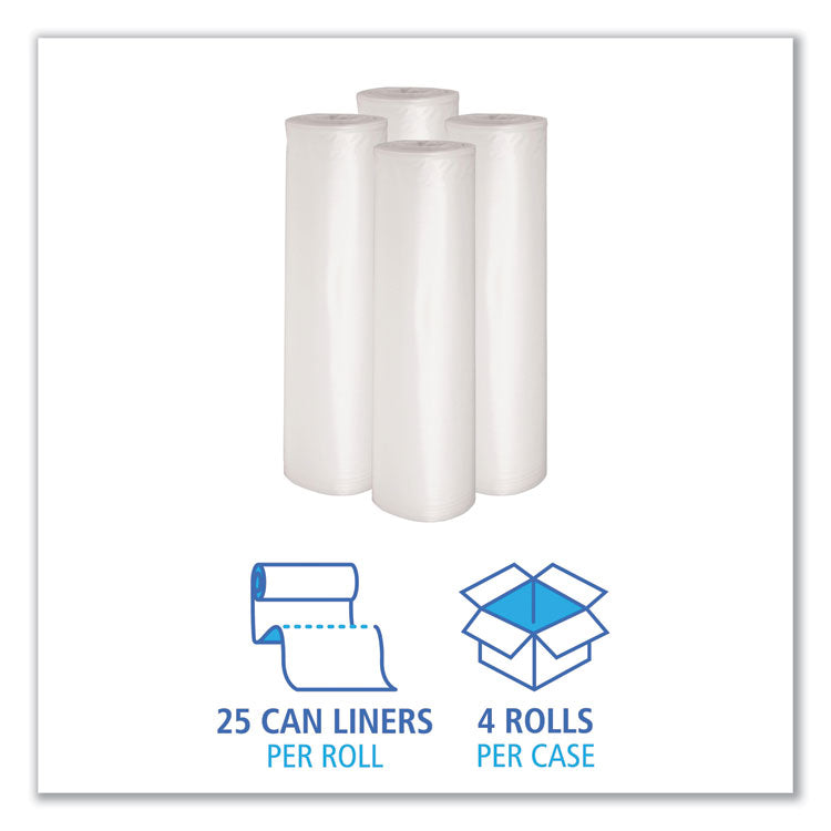 Recycled Low-Density Polyethylene Can Liners, 60 gal, 1.1 mil, 38" x 58", Clear, Perforated, 10 Bags/Roll, 10 Rolls/Carton