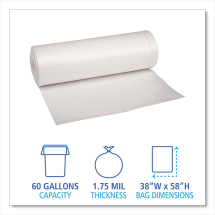Recycled Low-Density Polyethylene Can Liners, 60 gal, 1.75 mil, 38" x 58", Clear, Perforated, 10 Bags/Roll, 10 Rolls/Carton