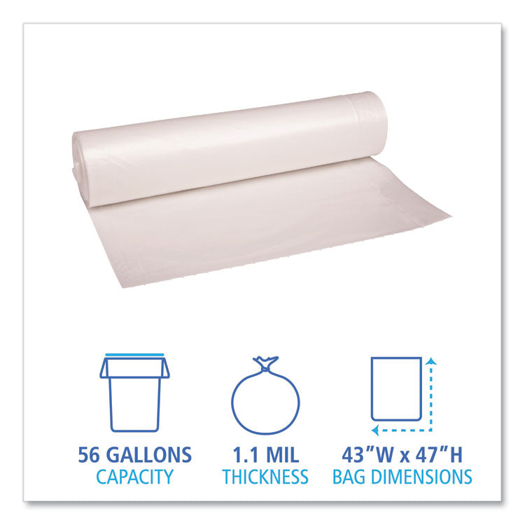 Recycled Low-Density Polyethylene Can Liners, 56 gal, 1.1 mil, 43" x 47", Clear, Perforated, 10 Bags/Roll, 10 Rolls/Carton
