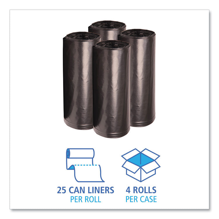 Recycled Low-Density Polyethylene Can Liners, 60 gal, 1.6 mil, 38" x 58", Black, Perforated, 10 Bags/Roll, 10 Rolls/Carton