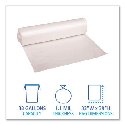 Recycled Low-Density Polyethylene Can Liners, 33 gal, 1.1 mil, 33" x 39", Clear, Perforated, 10 Bags/Roll, 10 Rolls/Carton