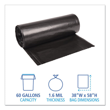 Recycled Low-Density Polyethylene Can Liners, 60 gal, 1.6 mil, 38" x 58", Black, Perforated, 10 Bags/Roll, 10 Rolls/Carton