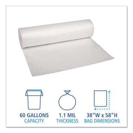 Recycled Low-Density Polyethylene Can Liners, 60 gal, 1.1 mil, 38" x 58", Clear, Perforated, 10 Bags/Roll, 10 Rolls/Carton