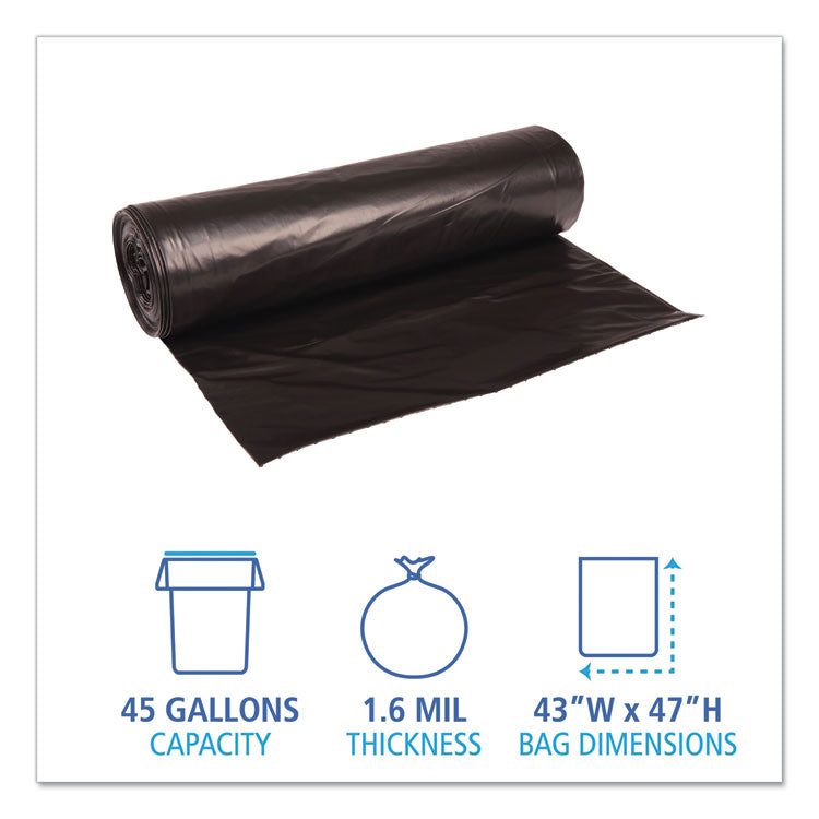 Recycled Low-Density Polyethylene Can Liners, 56 gal, 1.6 mil, 43" x 47", Black, Perforated, 20 Bags/Roll, 5 Rolls/Carton