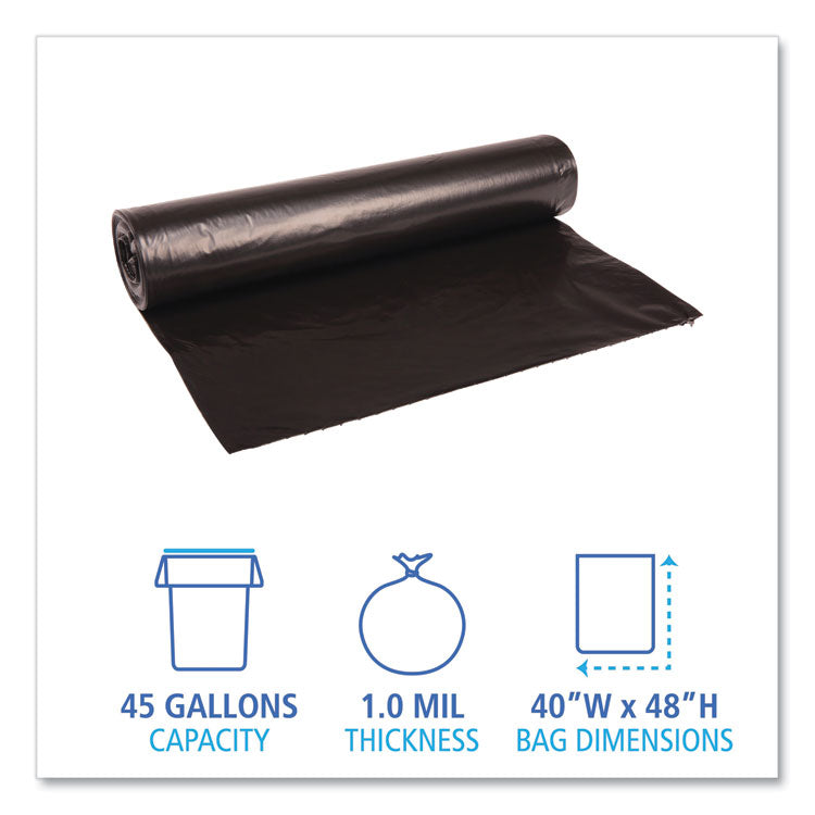 Recycled Low-Density Polyethylene Can Liners, 45 gal, 0.8 mil, 40" x 48", Black, Perforated, 10 Bags/Roll, 10 Rolls/Carton