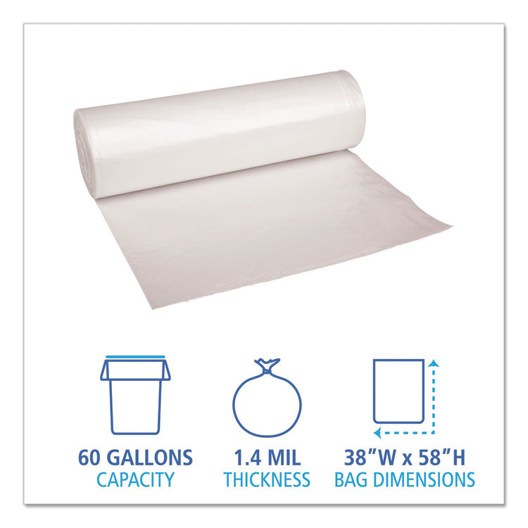 Recycled Low-Density Polyethylene Can Liners, 60 gal, 1.4 mil, 38" x 58", Clear, Perforated, 10 Bags/Roll, 10 Rolls/Carton