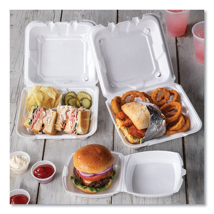 Vented Foam Hinged Lid Container, Dual Tab Lock, 3 Compartments, 8.42 x 8.15 x 3, White, 150/Carton