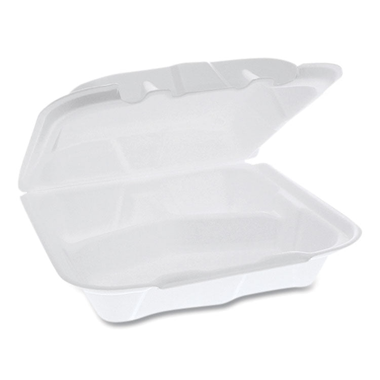 Vented Foam Hinged Lid Container, Dual Tab Lock, 3 Compartments, 8.42 x 8.15 x 3, White, 150/Carton