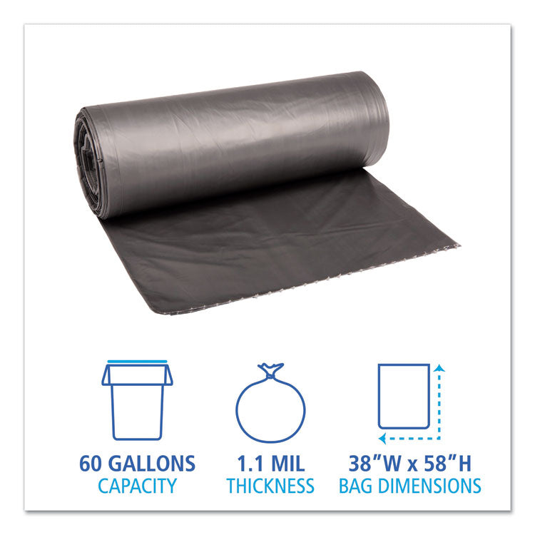 Low-Density Waste Can Liners, 60 gal, 1.1 mil, 38" x 58", Gray, Perforated Roll, 20 Bags/Roll, 5 Rolls/Carton