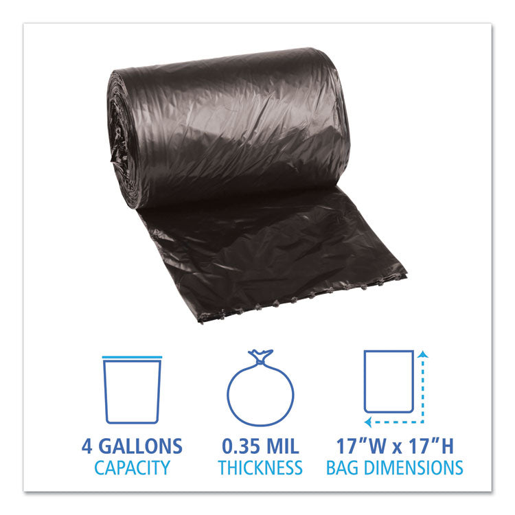 Low-Density Waste Can Liners, 4 gal, 0.35 mil, 17" x 17", Black, Perforated Roll, 50 Bags/Roll, 20 Rolls/Carton