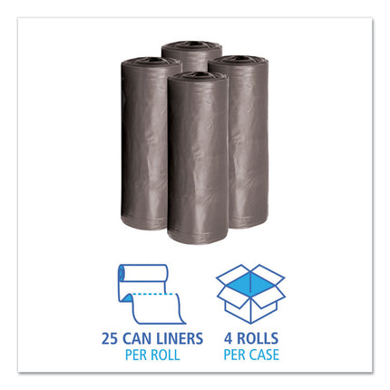 Low-Density Waste Can Liners, 30 gal, 0.95 mil, 30" x 36", Gray, Perforated Roll, 25 Bags/Roll, 4 Rolls/Carton