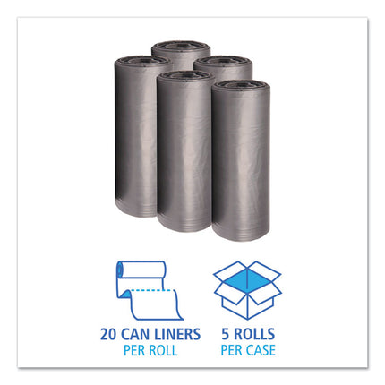 Low-Density Waste Can Liners, 60 gal, 1.1 mil, 38" x 58", Gray, Perforated Roll, 20 Bags/Roll, 5 Rolls/Carton