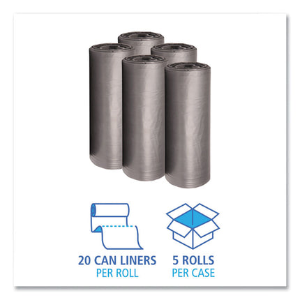Low-Density Waste Can Liners, 56 gal, 1.1 mil, 43" x 47", Gray, Perforated Roll, 20 Bags/Roll, 5 Rolls/Carton